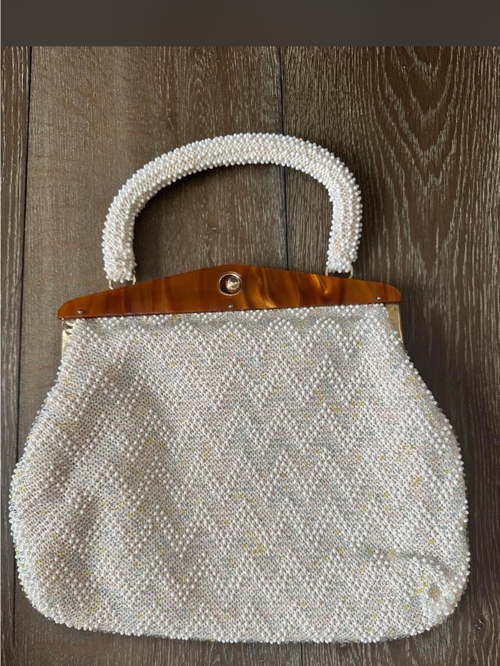 Vintage Beaded Top Handle Handbag | White Pearl Beads & Lucite Tortoise Handle